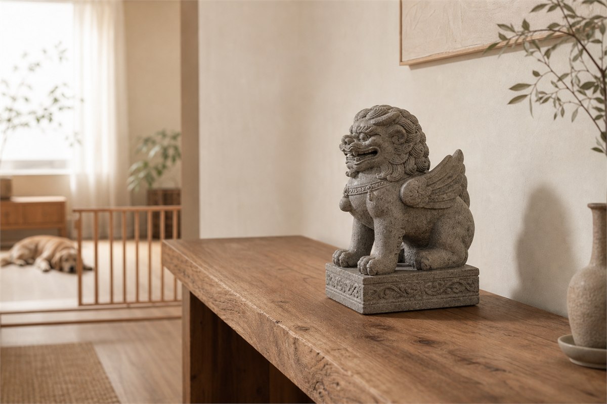 Heavy stone guardian beast sits well back from a wood console edge with a discreet restraint pad