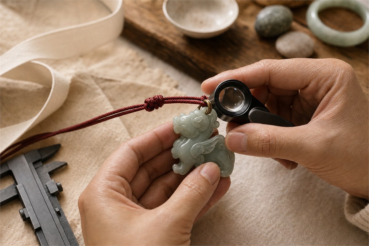 Craftsperson checks a jade guardian pendant’s hole, ring, cord knot, horn, and wing edge with a loupe