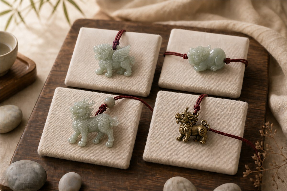 Jade Bixie, Pixiu, Qilin, and one-horn Xiezhi jewelry motifs on separate linen pads