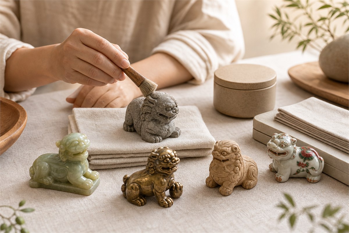 Hand dusts stone beside separate jade, brass, wood, and painted ceramic guardian objects