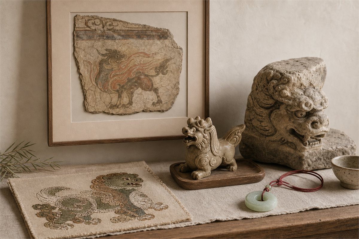 Tomb fragment, roof beast, stone guardian, embroidered motif, and jade pendant displayed separately