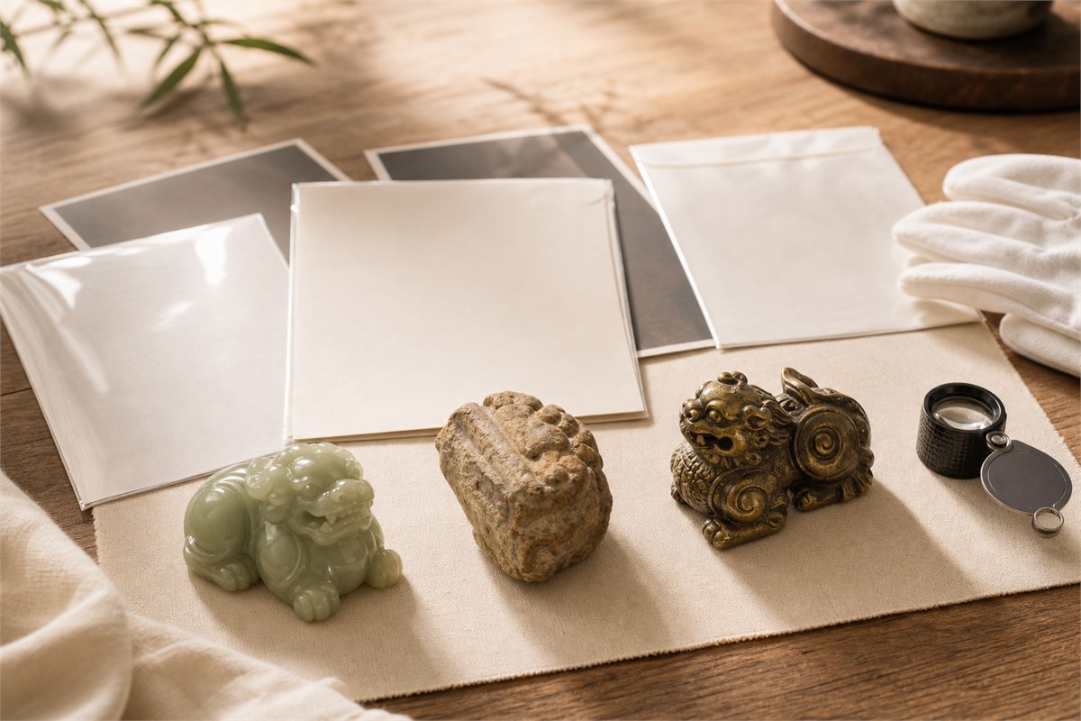Jade carving, stone fragment, and brass reproduction beside blank document sleeves and a loupe