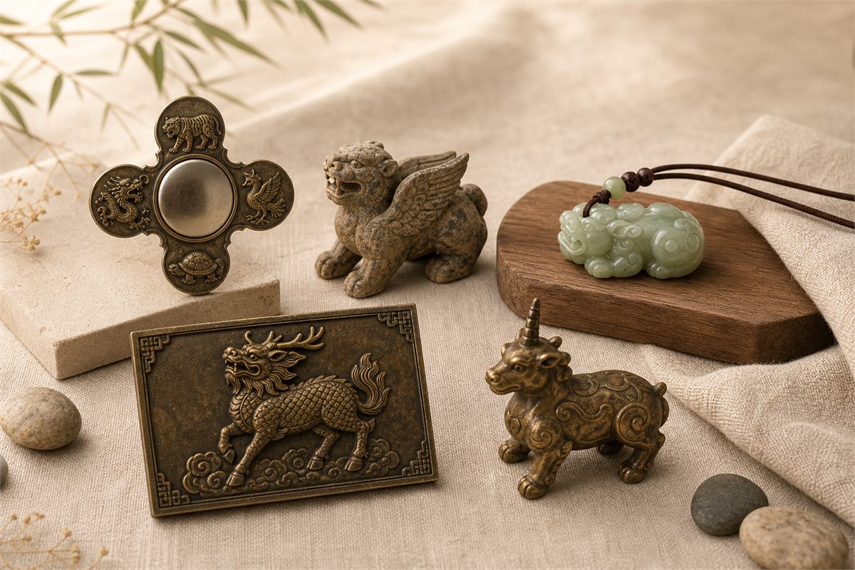 Bronze Four Symbols mirror, winged Bixie, jade Pixiu, Qilin plaque, and one-horn Xiezhi
