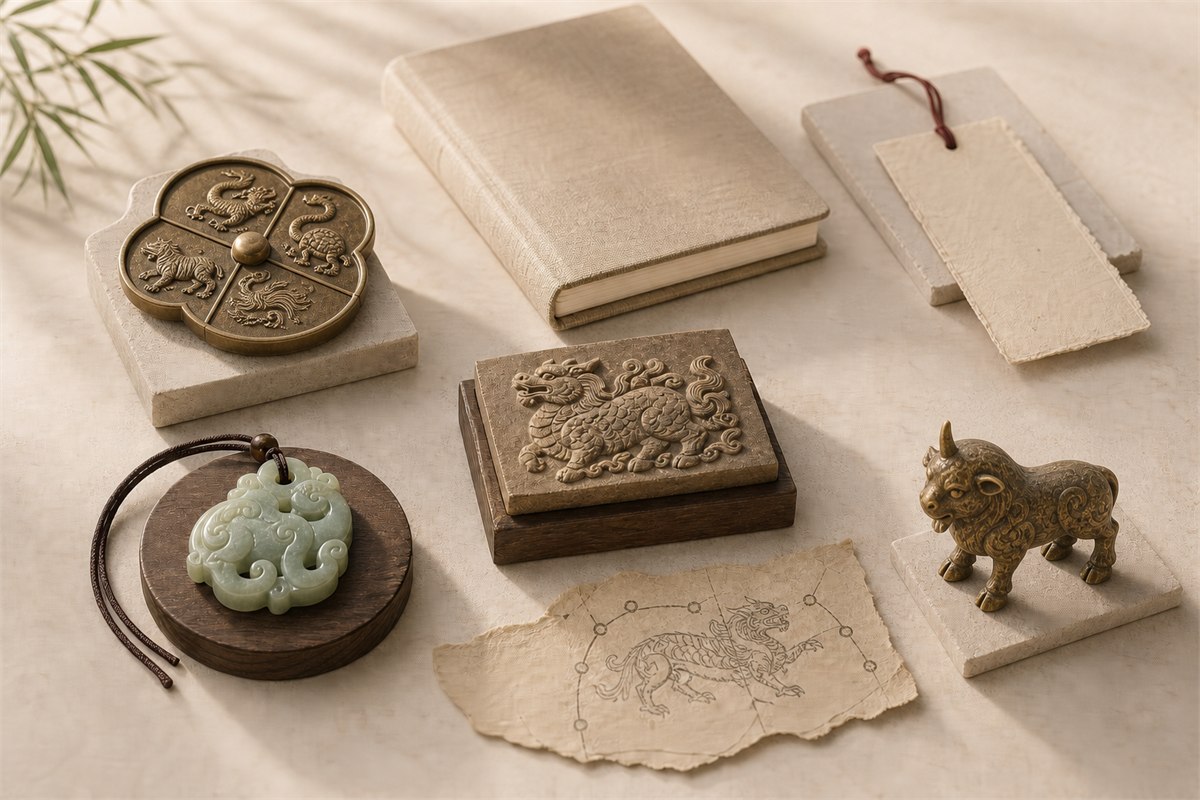 Four Symbols mirror, jade Pixiu, Qilin relief, Baize fragment, and one-horn Xiezhi on a study desk