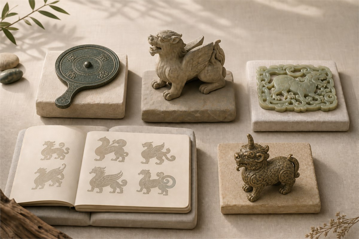 Bronze mirror, winged stone beast, jade Qilin, creature folio, and one-horn Xiezhi study objects