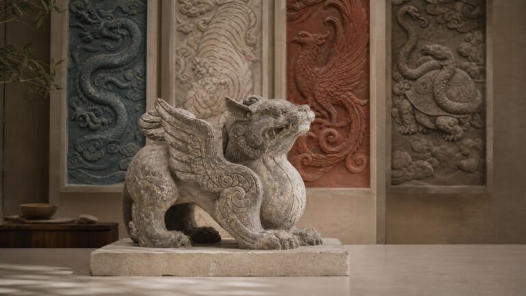 Winged stone guardian beast with reliefs of the dragon, tiger, vermilion bird, and tortoise-snake