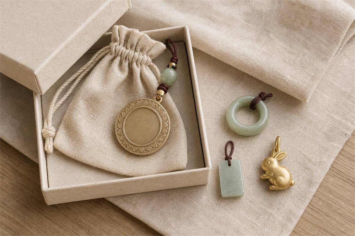 Sacred pendant stored face-down in a cloth pouch beside a jade peace buckle, plain jade tag, and rabbit charm
