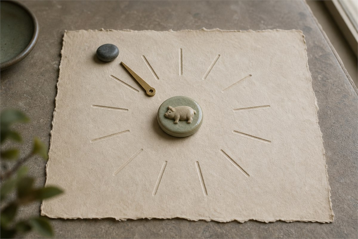 Pig medallion on handmade paper with a muted blue stone and radial direction markers
