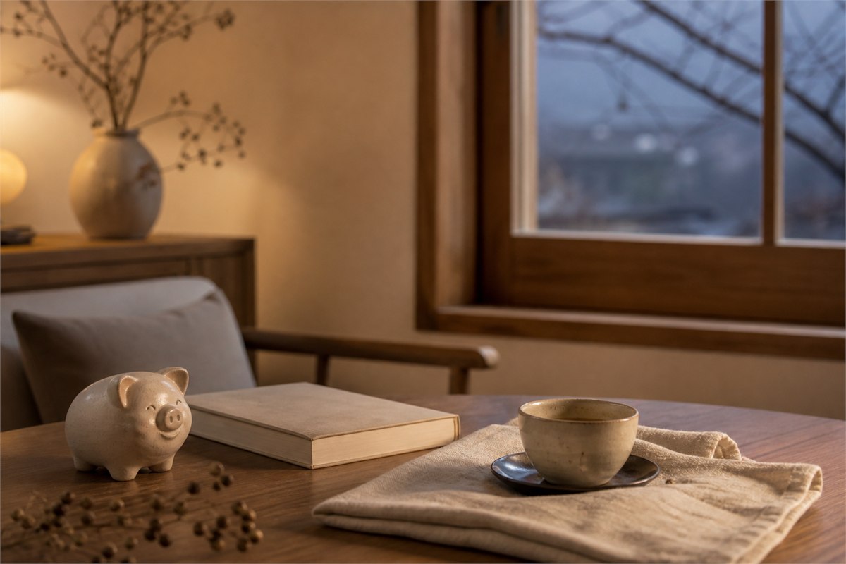 Warm interior at late evening with a Pig figure near a window in early winter