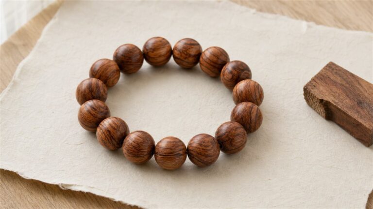 Round Hainan huanghuali-style wood bead bracelet beside a figured heartwood offcut