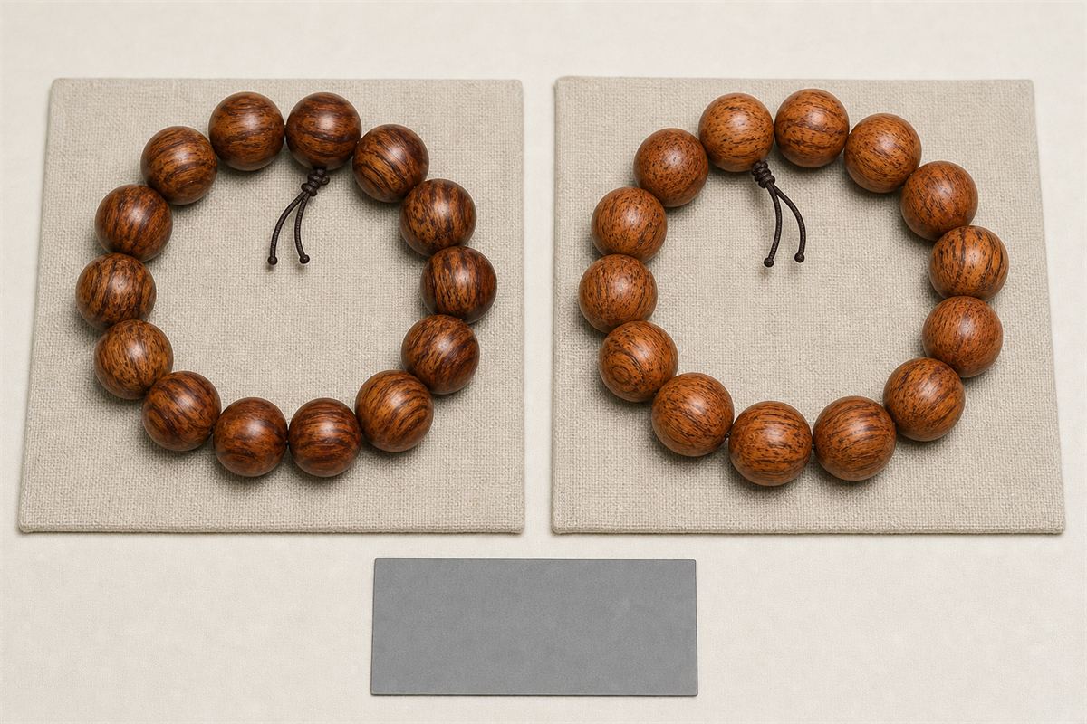 Two reddish-brown wood bead bracelets on separate linen pads for a cautious material comparison