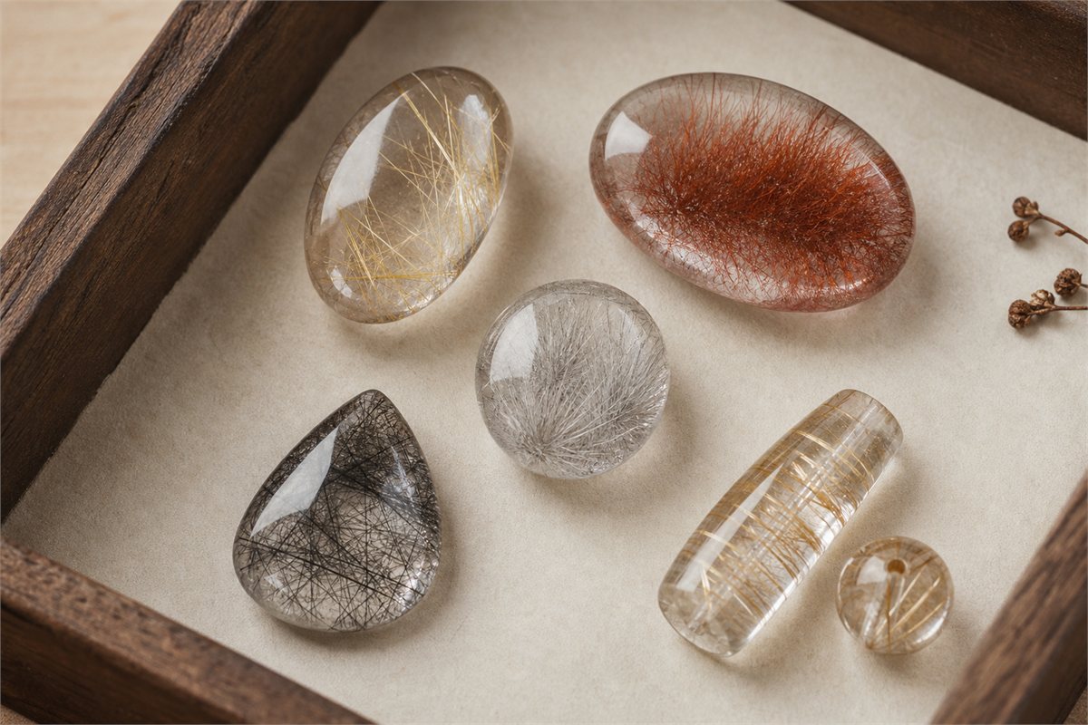 Included-quartz cabochons and beads with golden, red-brown, silver-gray, dark, and directional patterns