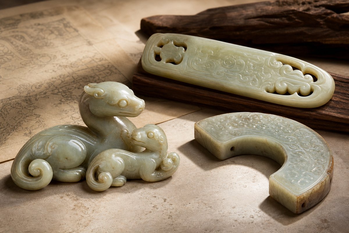 Han-inspired Chilong (螭龙) jade bi, sword fitting, and mother-and-child Chilong carving