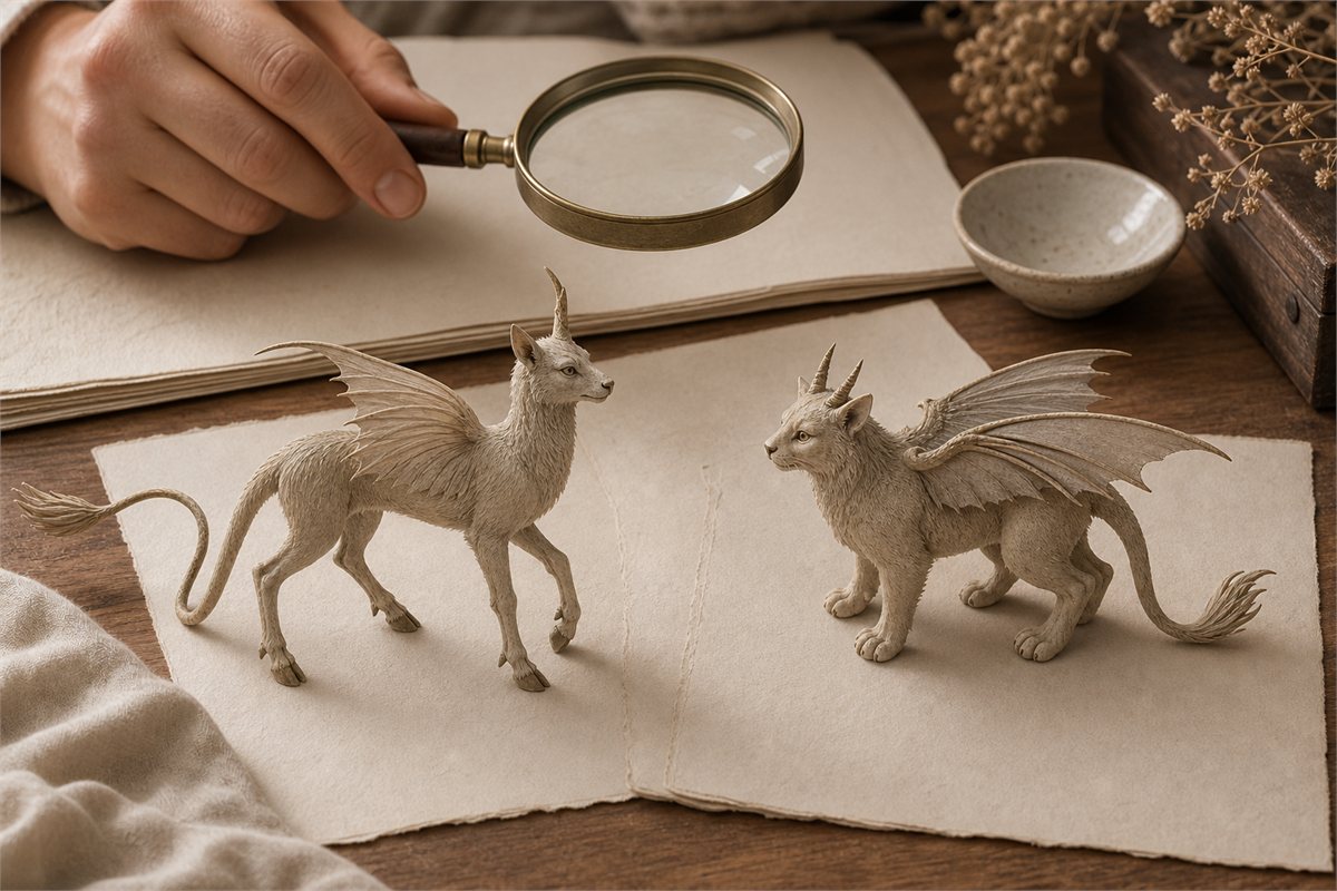 Historian comparing one-horned and two-horned long-tailed composite beast study models