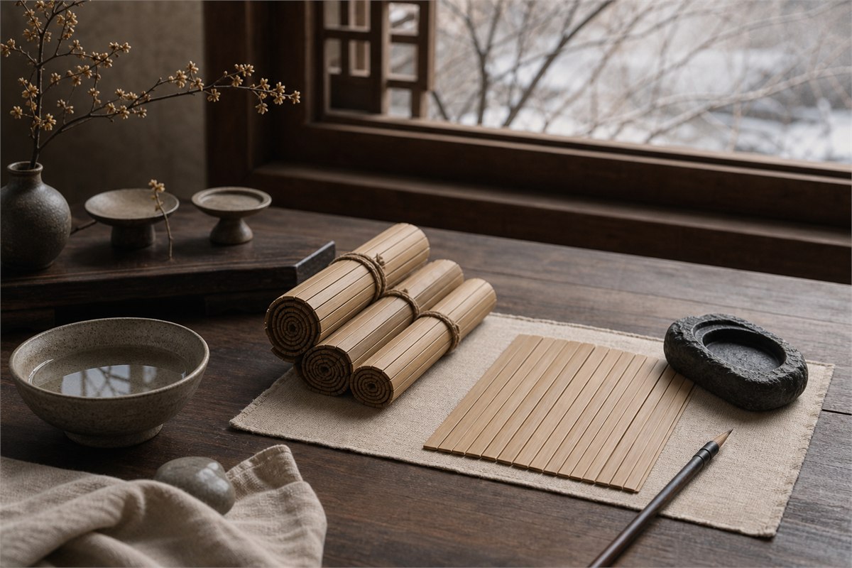Brush, inkstone, blank bamboo slips, and winter light on a Han-inspired study desk
