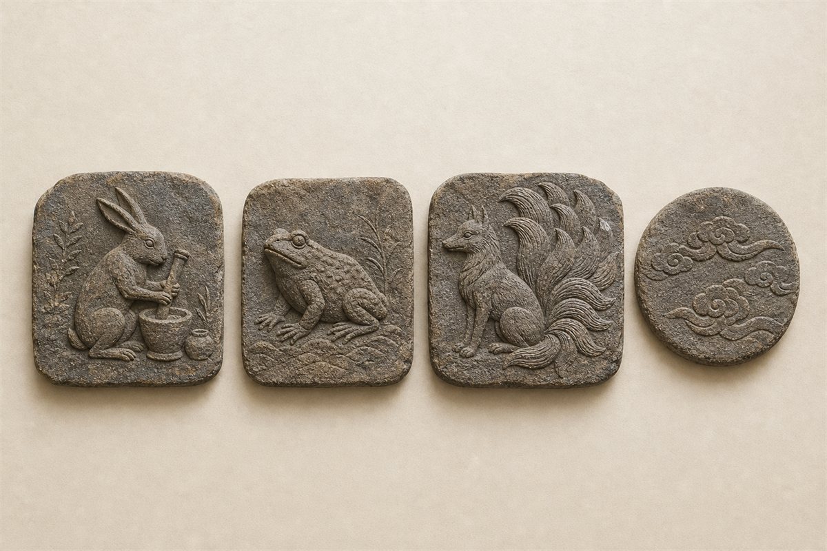 Separate relief studies of a hare with mortar, a toad, a multi-tailed fox, and cloud bands