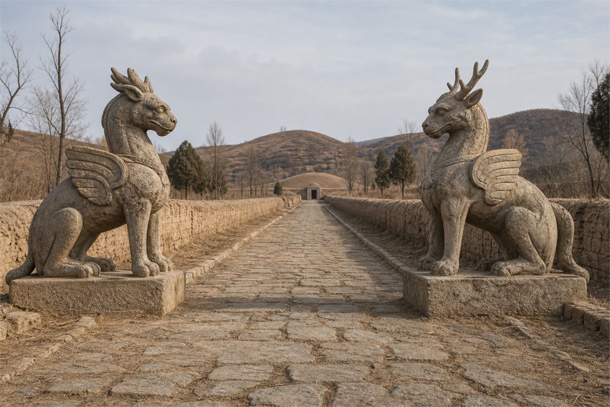 Reconstructed Eastern Han tomb approach with two monumental winged stone guardian beasts