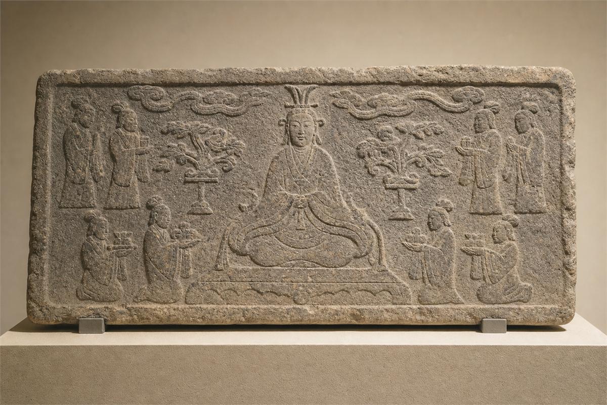 Modern study relief inspired by Han carved-stone imagery with Xiwangmu seated among attendants and cloud bands
