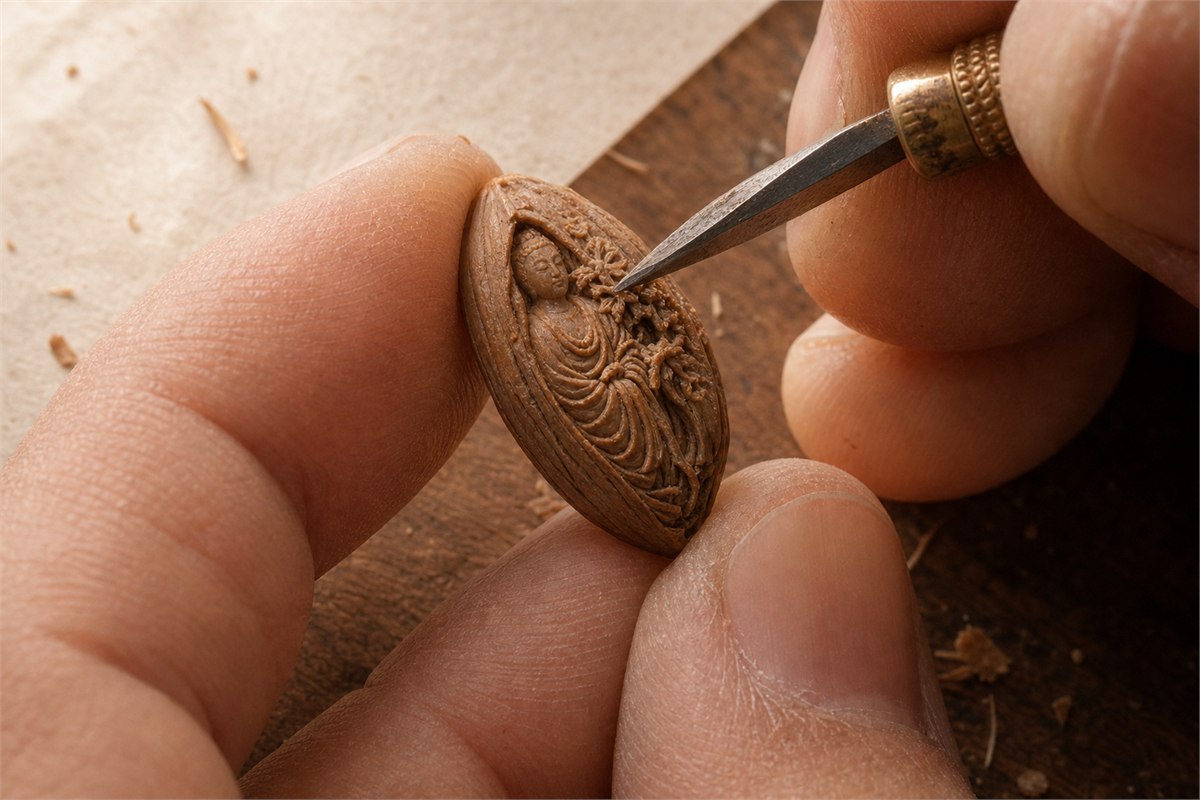 Fine graver refining robe folds and foliage on a miniature olive-pit carving
