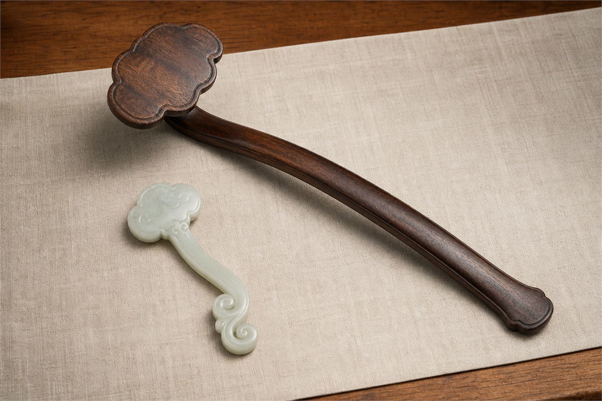 Complete wooden handheld ruyi beside a separate pale jade cloud-headed ornament