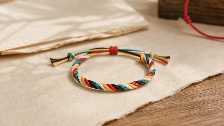 Handmade five color cord bracelet on warm ivory paper and natural wood