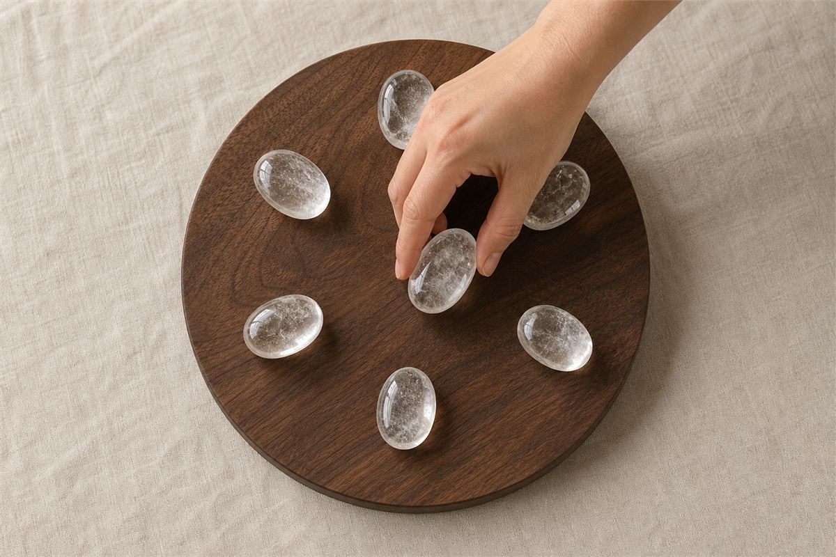 Hand placing the center stone while six outer stones form an evenly spaced hexagon on a wood base.