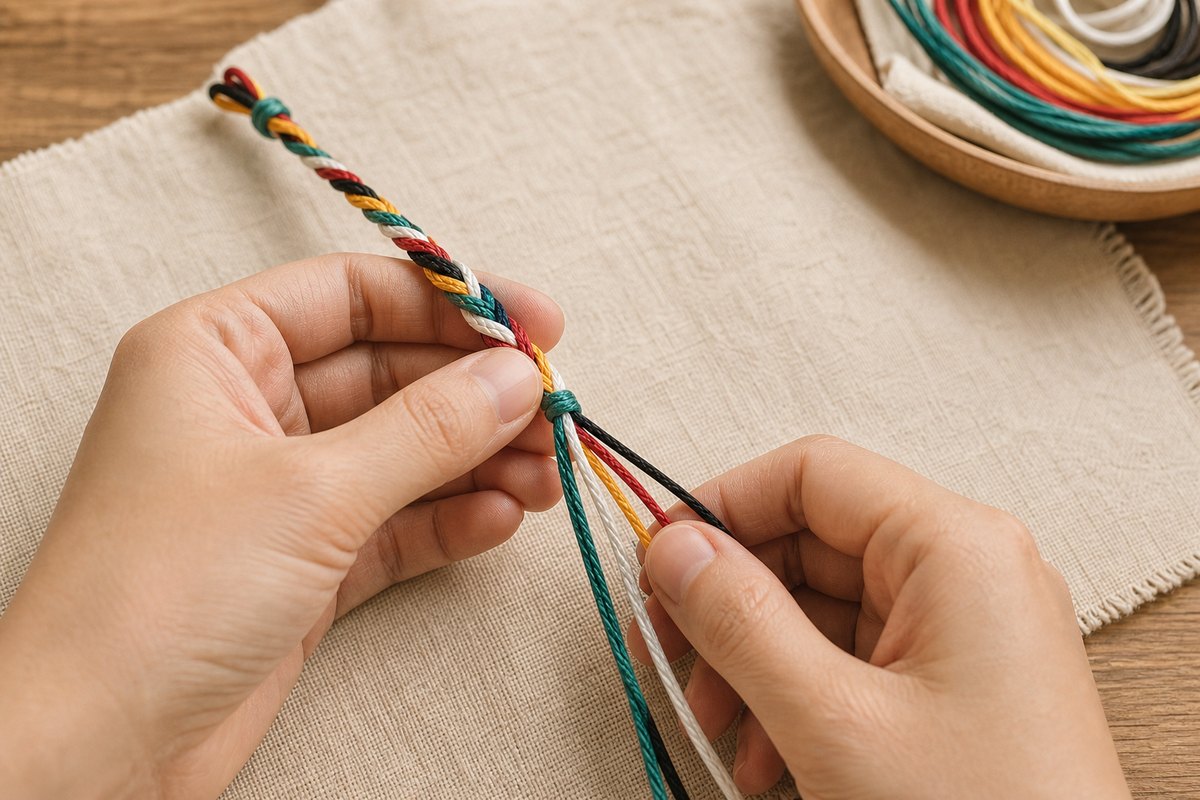 Hands braiding blue green red yellow white and black threads into a bracelet