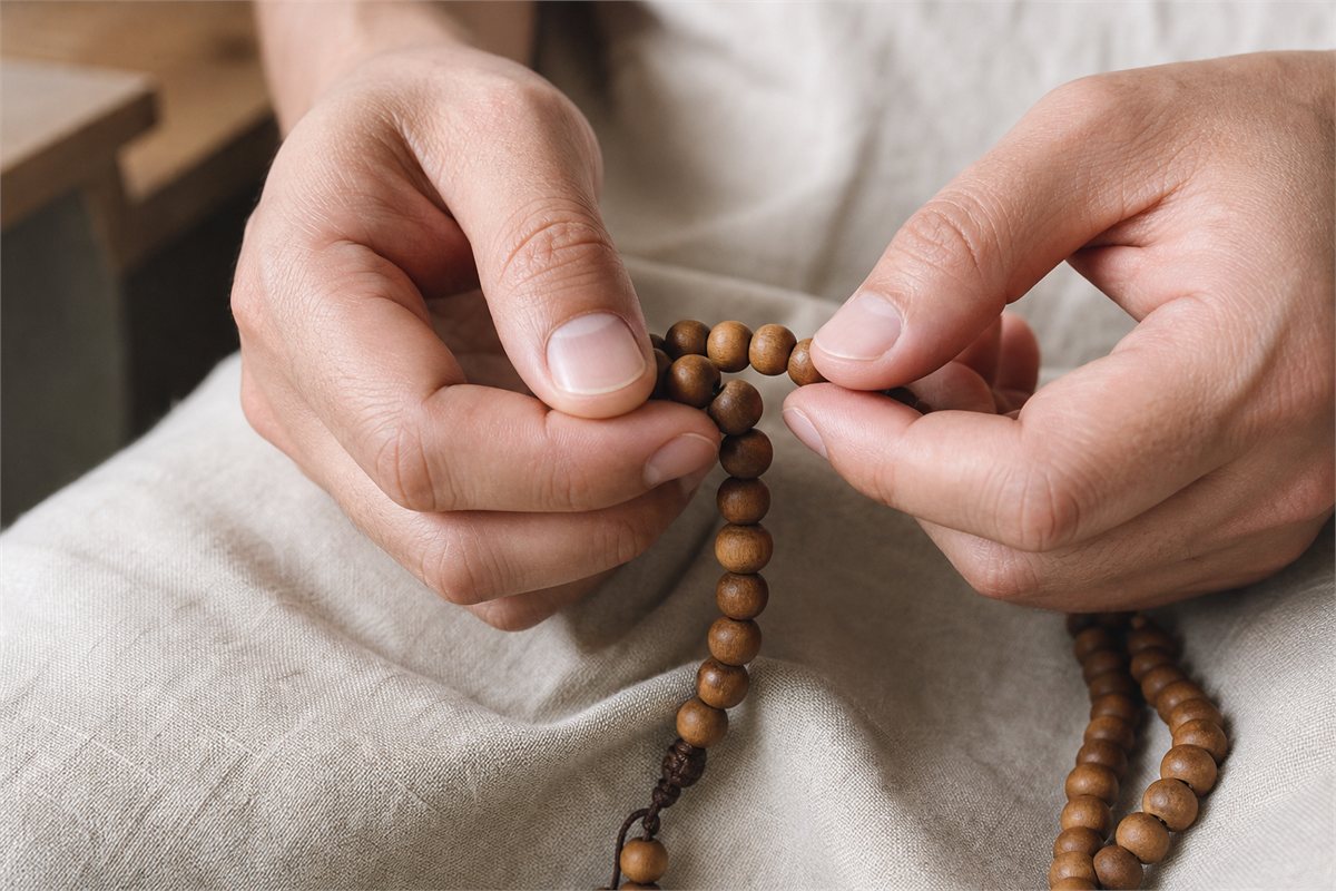 Hands gently advancing plain wooden prayer beads for counting