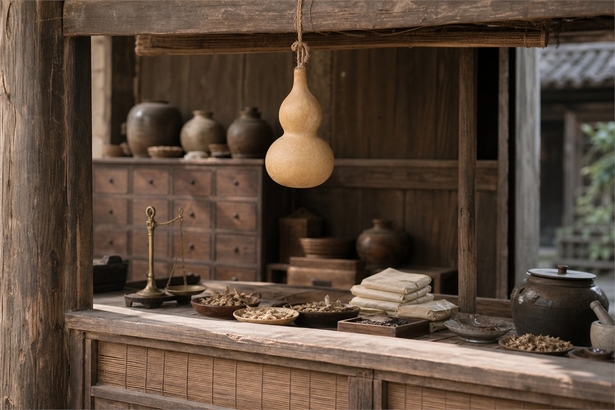 Plain dried gourd hanging above a traditional medicine stall with wooden drawers and paper packets