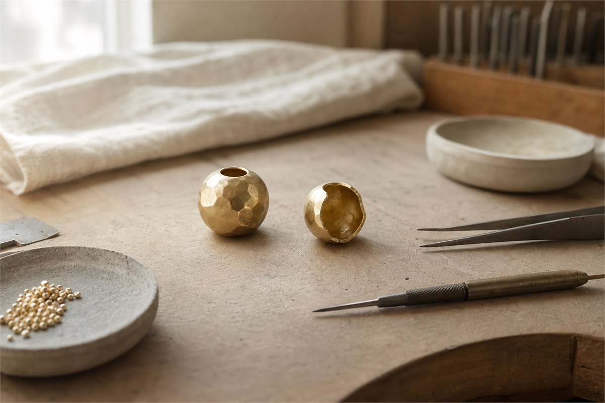 Jewelry craftsperson inspecting a lightweight relief-pattern hard gold bead with precision tools