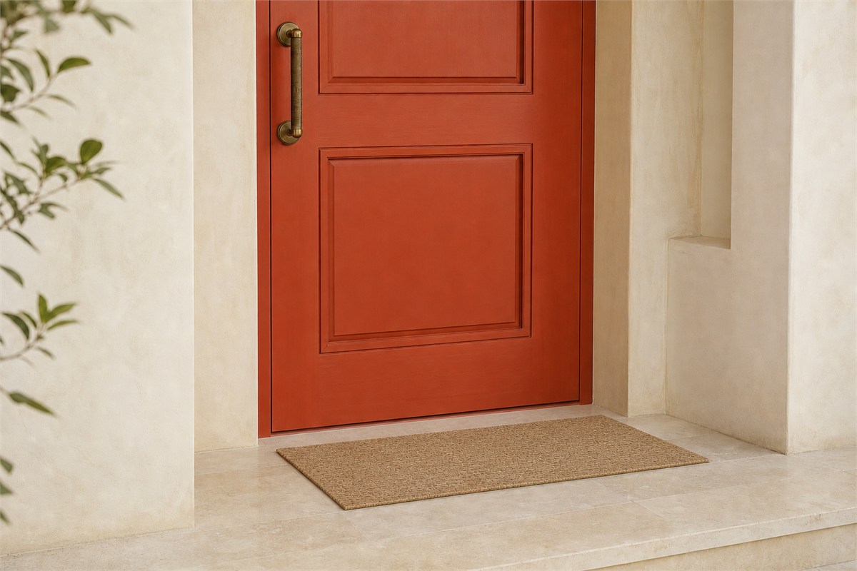 Muted terracotta front door with a secure flat woven mat, pale stone floor, and warm neutral surrounding walls