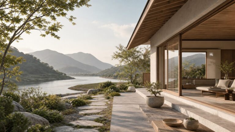 Contemporary home opening toward a sheltered mountain landscape and curving water