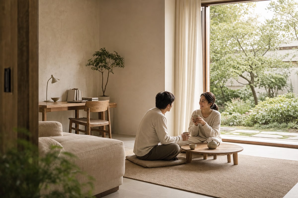 Two adults sharing tea in a calm naturally lit home with a garden view and small workspace