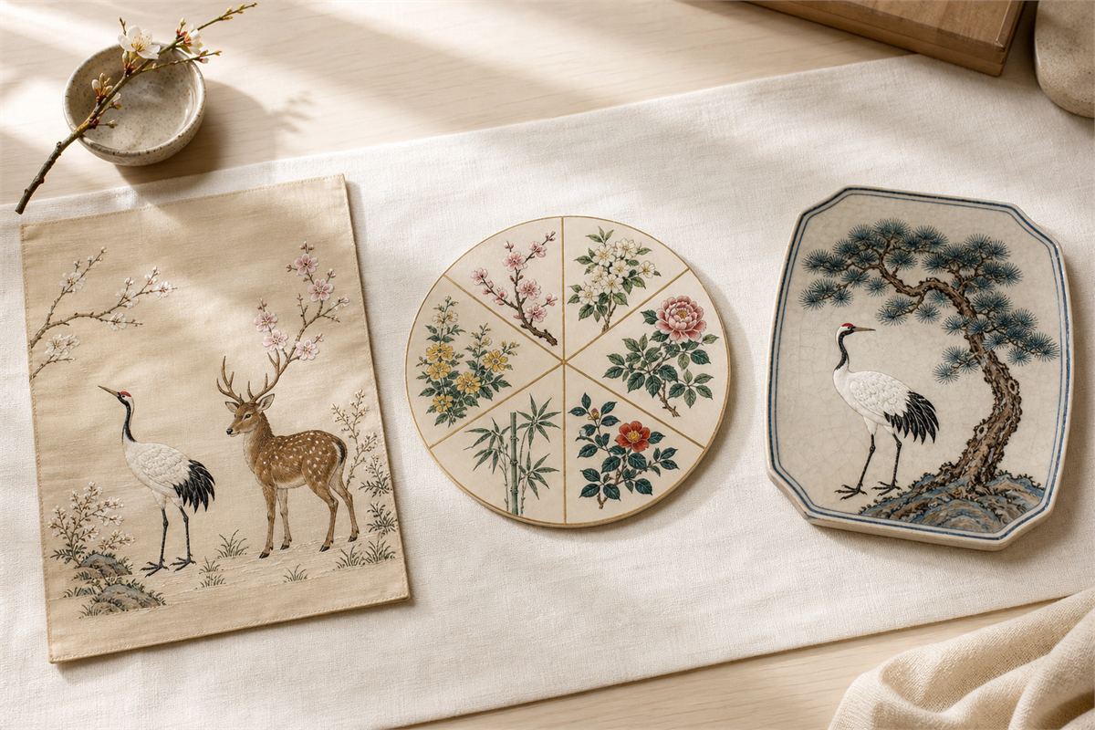 Three unmarked craft samples showing crane with deer, a six-part floral medallion, and crane with pine