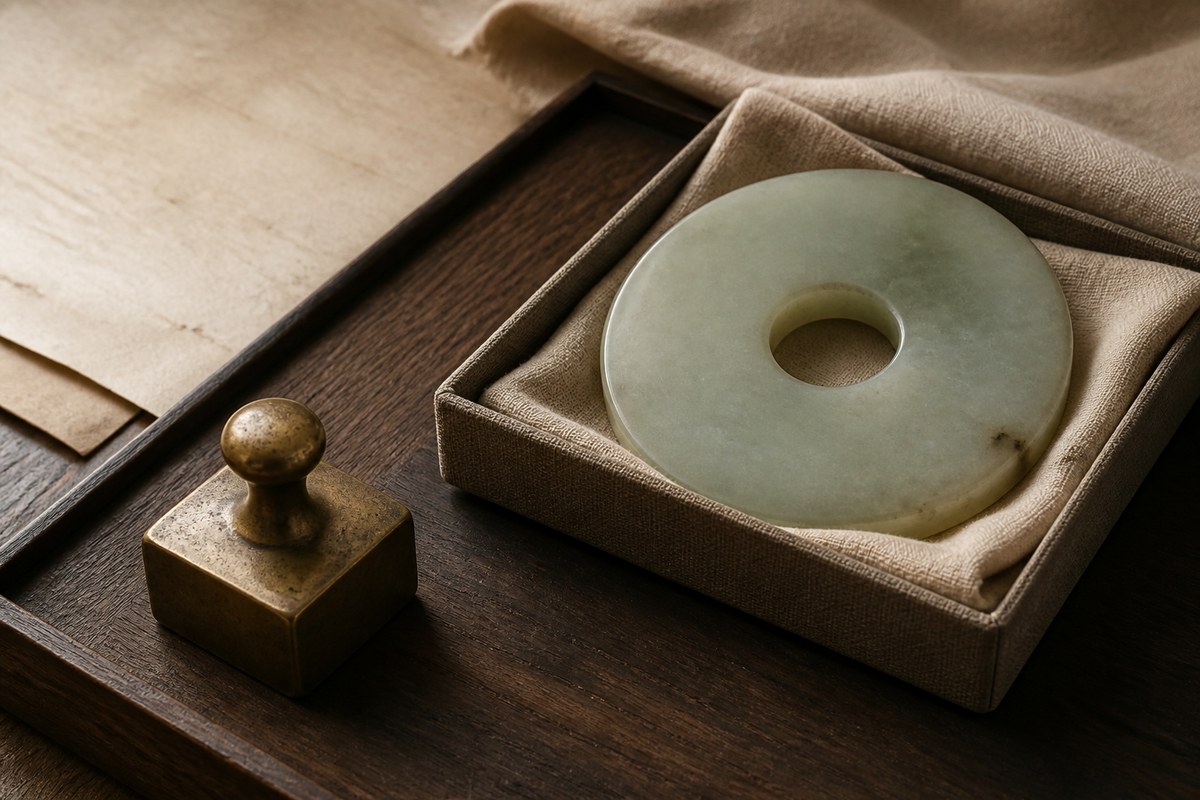 A jade bi disk in a cloth-lined box with a small aged brass seal-like object nearby.