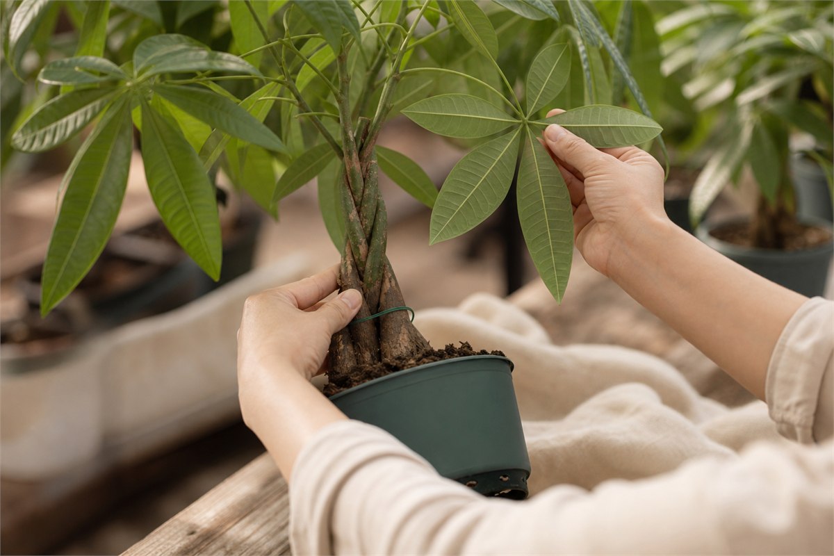 Hands inspecting money tree leaves, braided trunks, ties, soil, and drainage before purchase
