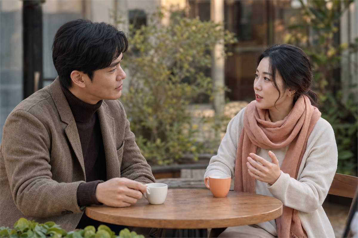Two adults listen to each other at an outdoor café with relaxed posture and comfortable personal space