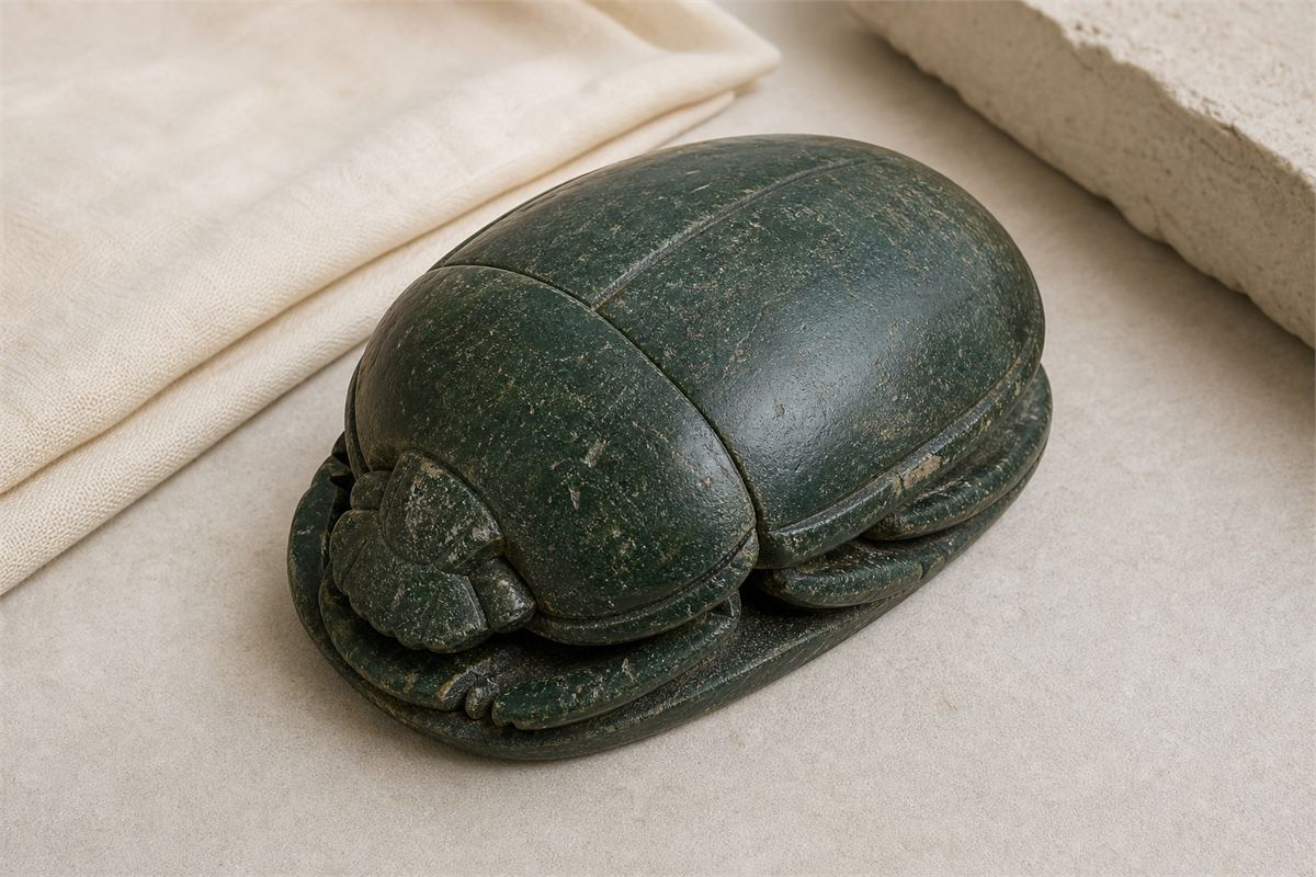 Large dark green stone Heart Scarab on an ivory museum study surface.
