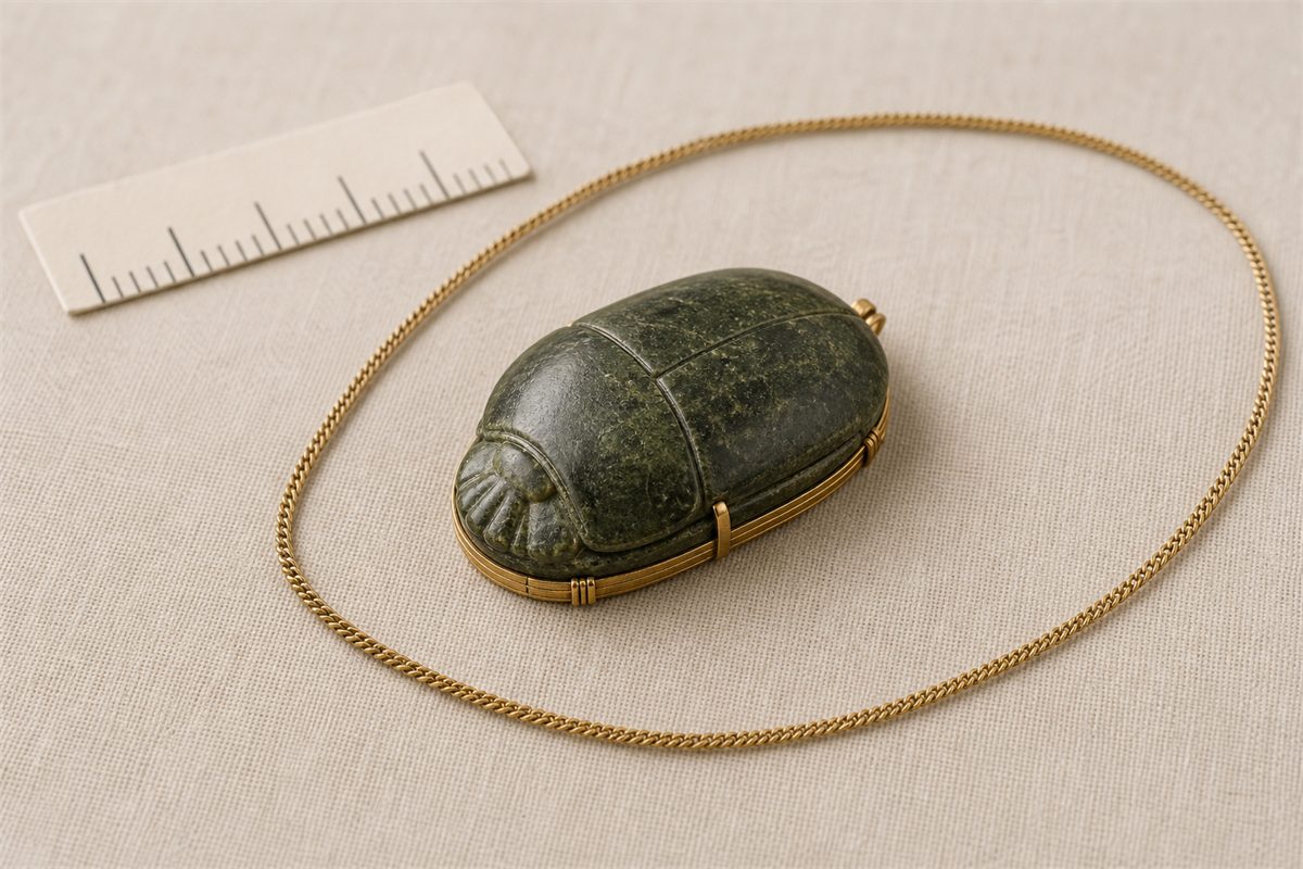 Large green serpentinite heart scarab in a gold mount with a long gold chain and scale card