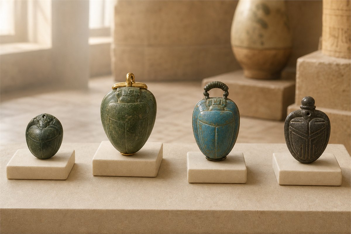 Four heart scarabs in varied stone, faience, gold, and metal fittings displayed on museum supports