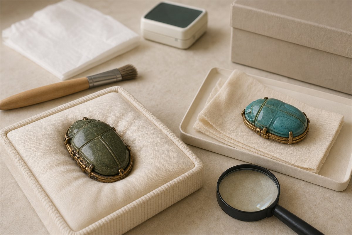 Green stone heart scarab and blue-green replica supported in separate padded conservation trays with dry care tools