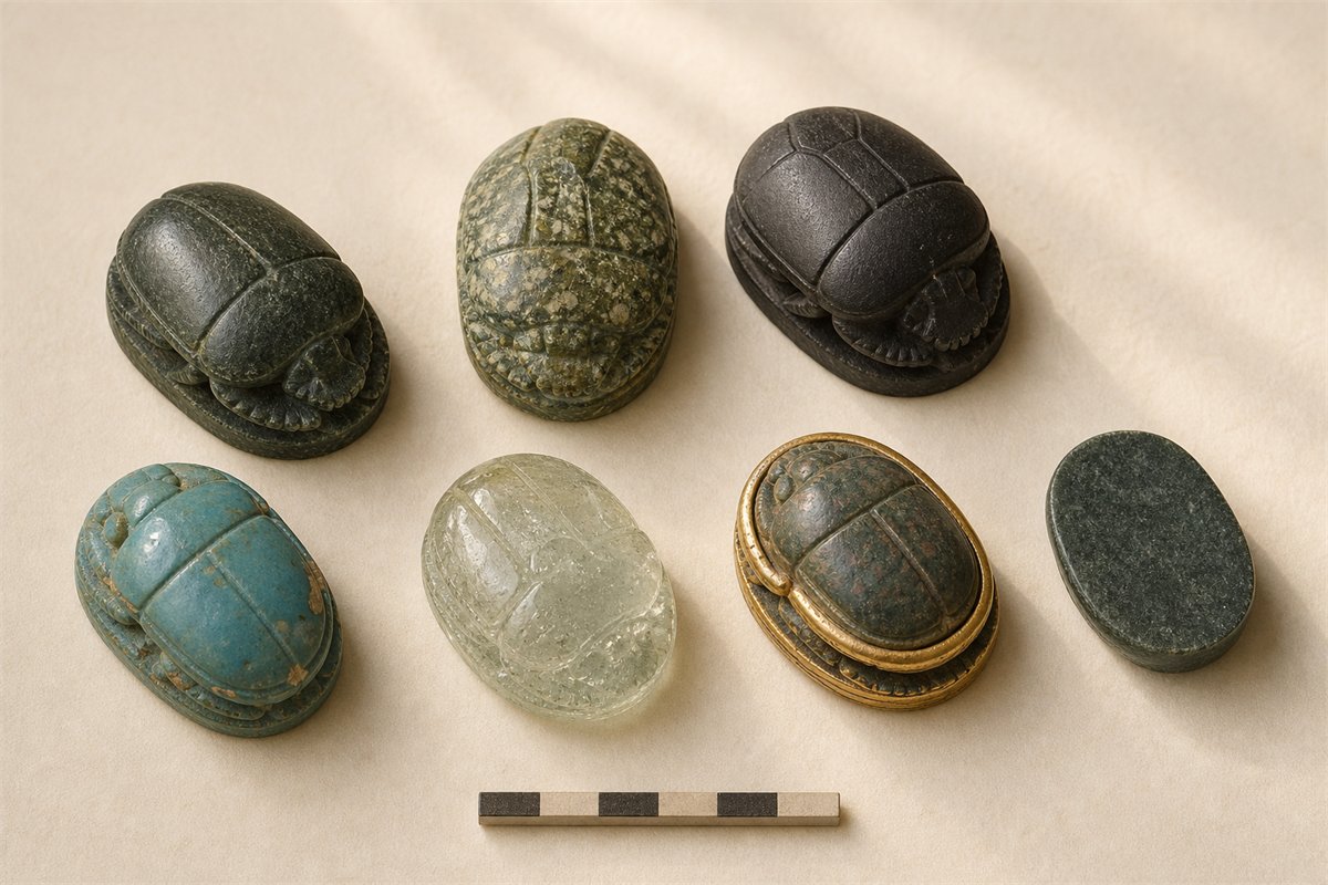 Heart scarabs in green stone, jasper, basalt, blue-green faience, glass, and a restrained gold setting