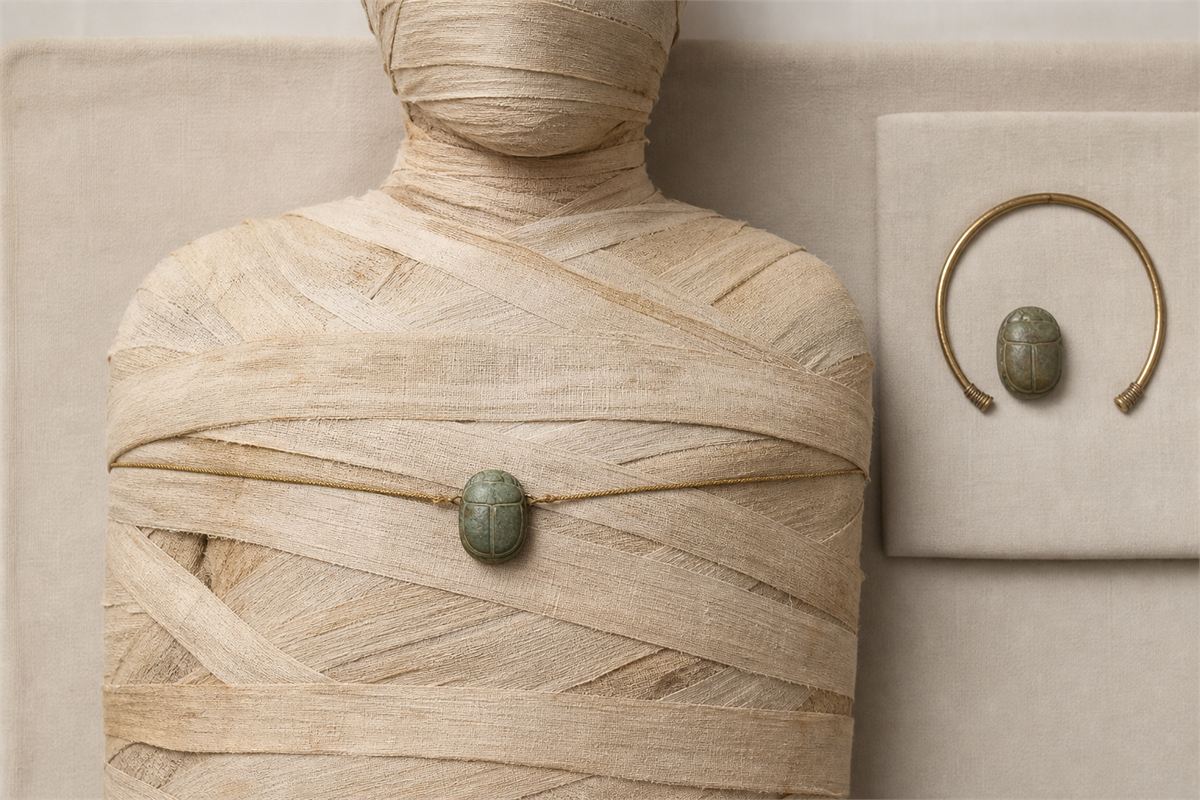 Green heart scarab secured over the chest of a wrapped mummy beside a scarab and metal neck ring