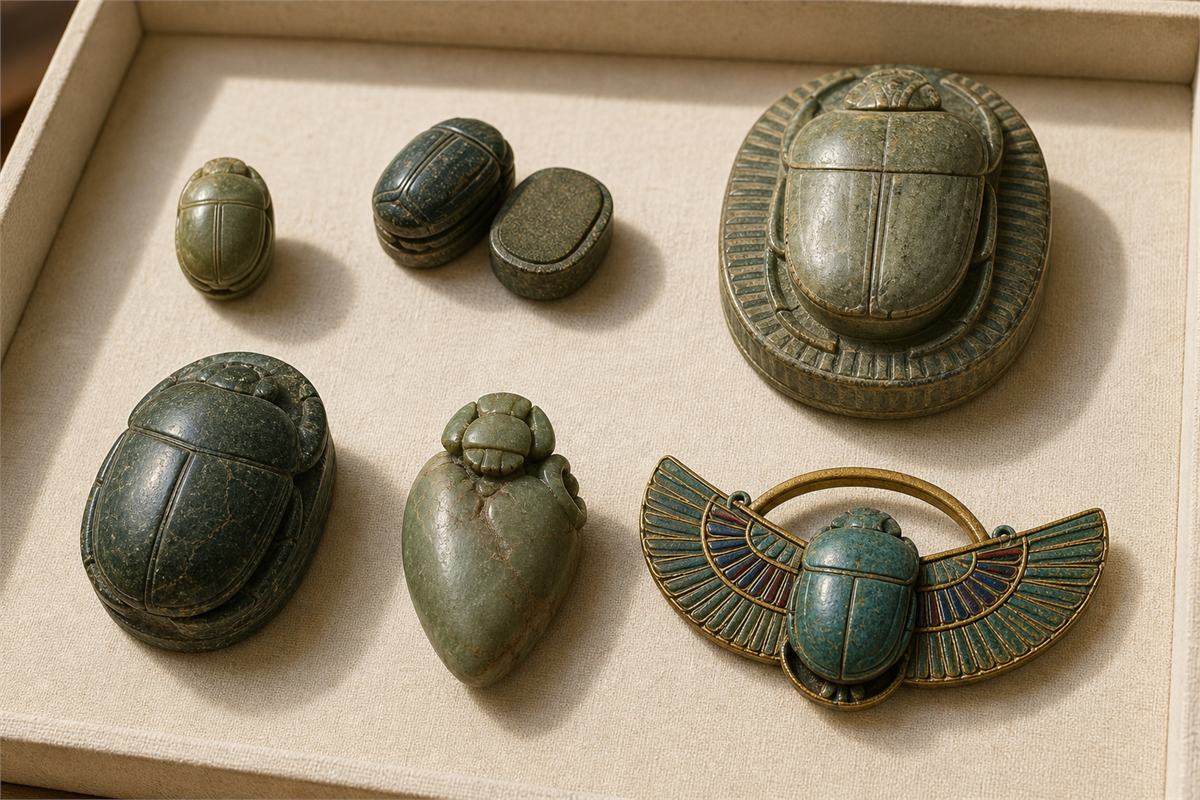 Egyptian scarab amulet, seal, commemorative scarab, heart scarab, heart amulet, and winged pectoral arranged for comparison