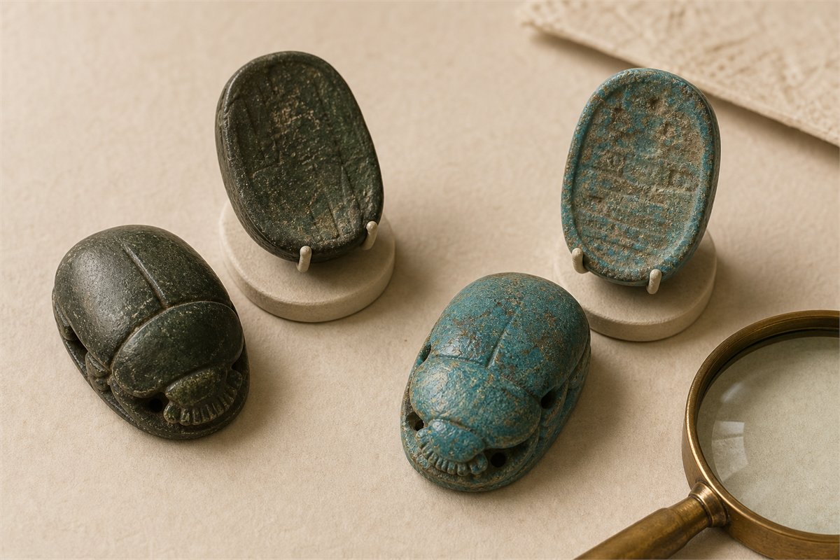 Green stone and blue-green faience heart scarabs shown from the front and underside beside a magnifier