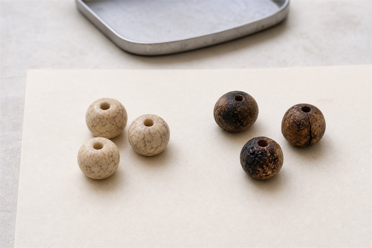 Intact pale Bodhi beads beside scorched dark beads with brittle cracks