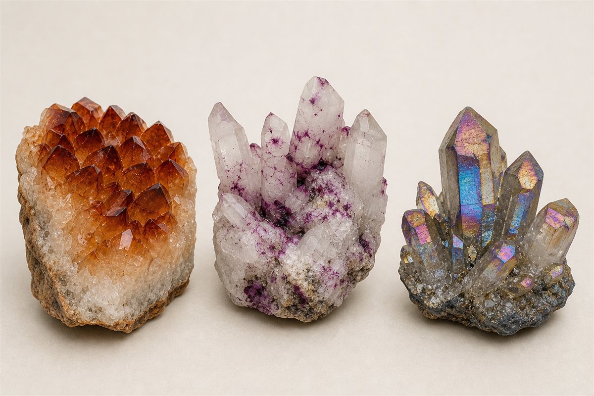 Orange heat-treated amethyst, fracture-dyed quartz, and metal-film aura-coated quartz displayed separately
