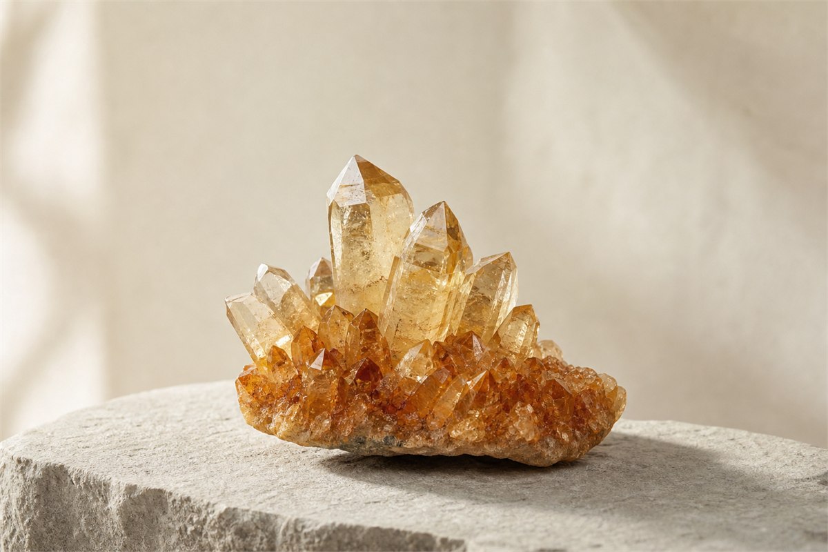 Orange-brown heated quartz cluster with stronger color near the base and paler crystal tips