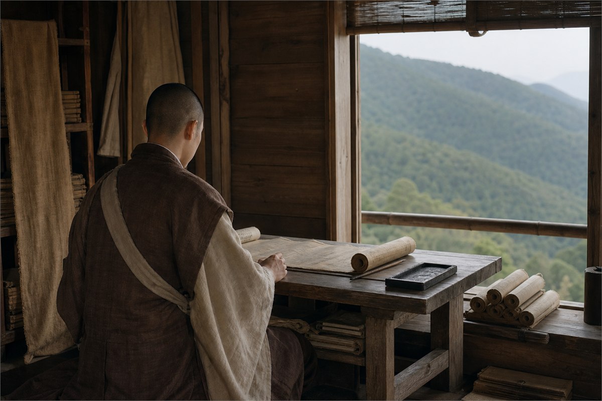 Anonymous monk studying unmarked folios in a simple mountain shelter