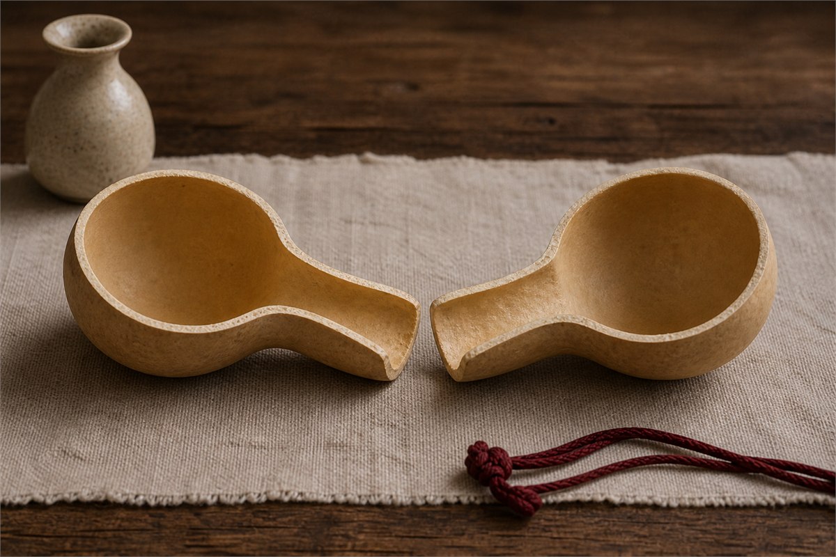 Two matching cup-like halves made from one dried gourd with a restrained red cord